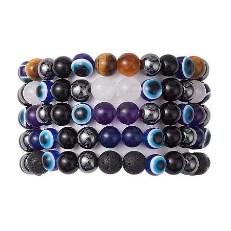 Round Gemstone Beaded Stretch Bracelets BJEW-JB11005-1