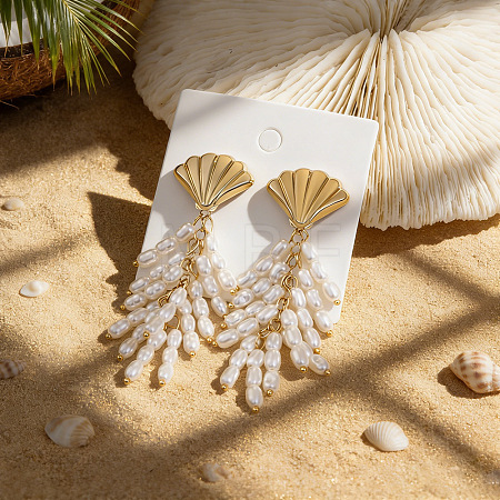 Alloy with Plastic Pearls Stud Tassel Earrings EJEW-Z172-06G-03-1