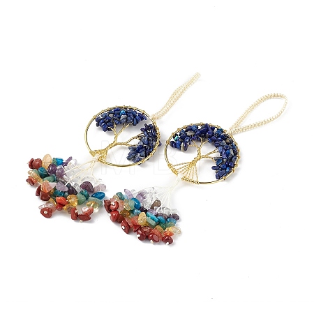 Natural Lapis Lazuli Tree of Life with Mixed Gemstone Chips Tassel Big Pendant Decorations HJEW-H057-03G-A07-1