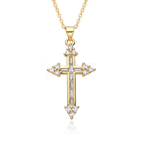 Brass Micro Pave Clear Cubic Zirconia Cross Pendant Necklaces FS-WG8523C-01-1