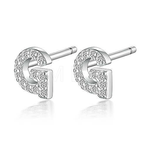 Rhodium Plated 925 Sterling Silver Initial Letter Stud Earrings HI8885-07-1