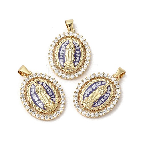 Oval with Virgin Mary Brass Micro Pave Cubic Zirconia Pendants KK-K385-031G-1