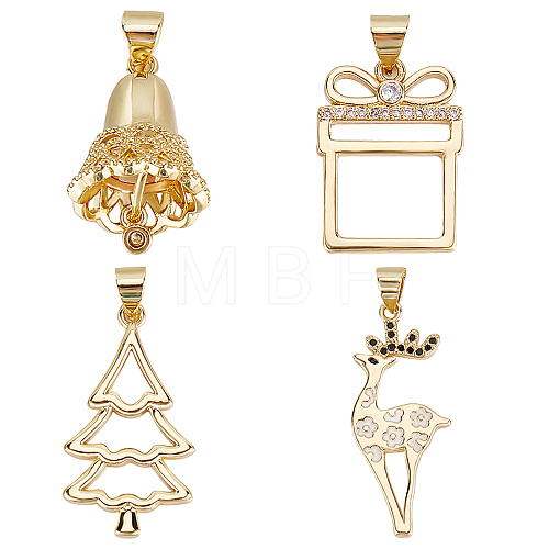8Pcs 4 Style Christmas Theme Brass Micro Pave Clear Cubic Zirconia Pendants ZIRC-CN0001-03-1