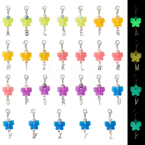 Butterfly Luminous Acrylic & Letter A~Z Tibetan Style Alloy Pendant Decorations HJEW-TAC0020-1