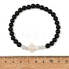 Dyed Synthetic Turquoise Religion Cross & Round Natural Black Onyx(Dyed & Heated) & White Moonstone Beaded Stretch Bracelets BJEW-JB14404-4