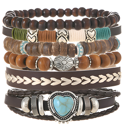 6Pcs 6 Styles Wood & Synthetic Turquoise & Alloy Beaded Stretch Bracelets & Braided Bracelets for Women BJEW-CL0001-60-1