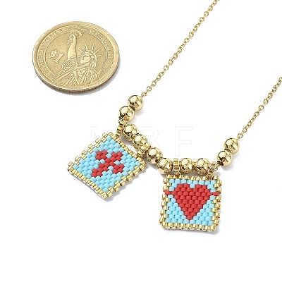 Rectangle with Cross & Heart Glass Seed Beaded Pendant Necklace NJEW-MZ00015-02-1