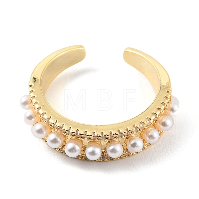 Plastic Pearl Beaded Open Cuff Ring with Clear Cubic Zirconia RJEW-C058-04G-1