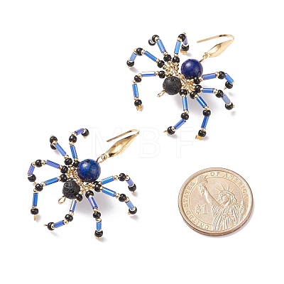Natural Lava Rock & Lapis Lazuli Braided Spider Dangle Earrings EJEW-TA00102-01-1