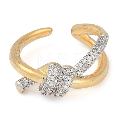 Knot Brass Micro Pave Clear Cubic Zirconia Open Cuff Ring for Women RJEW-Q819-10G-1