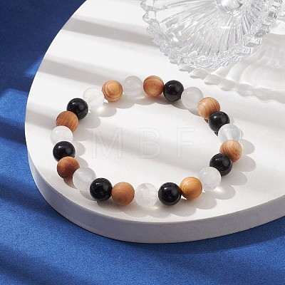 Natural Wood & Selenite & Eyeless Obsidian Beaded Stretch Bracelets BJEW-JB10115-02-1