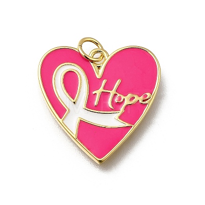 October Breast Cancer Pink Awareness Ribbon Brass Enamel Pendants KK-G525-10G-04-1