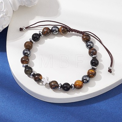 Natural Tiger Eye & Obsidian Round & Brass Cross Braided Bead Bracelets BJEW-JB09704-01-1