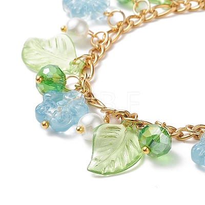 5Pcs 5 Color Glass Pearl & Flower & Acrylic Leaf Charm Bracelets Set BJEW-JB08908-1