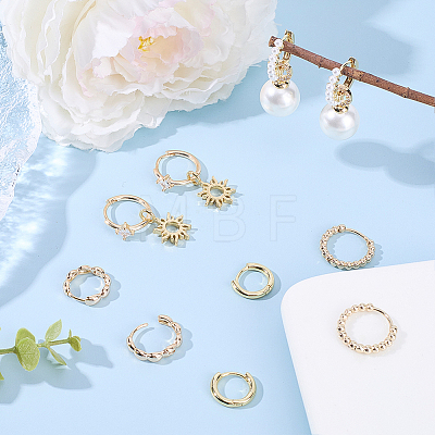 10Pcs 5 Styles Rack Plating Brass Beaded Huggie Hoop Earrings for Women KK-SC0008-04-1