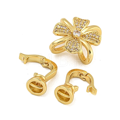 Rack Plating Flower Brass Micro Pave Clear Cubic Zirconia Fold Over Clasps KK-F876-02G-1