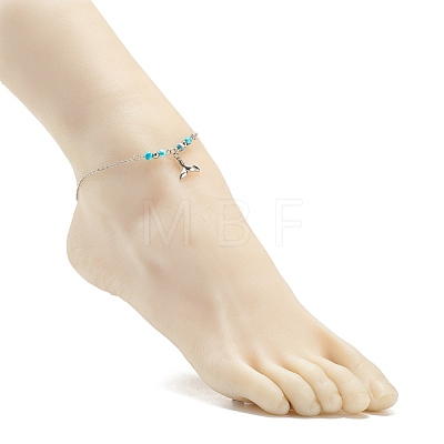 304 Stainless Steel Whale Tail Charm Anklet with Round Natural White Jade Beads for Women AJEW-AN00498-01-1