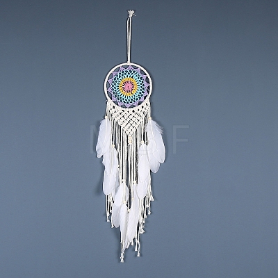 Iron Bohemian Woven Web/Net with Feather Macrame Wall Hanging Decorations PW-WG41914-01-1