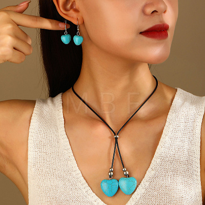 Alloy & Synthetic Turquoise & Imitation Leather Cord Pendant Necklaces & Dangle Earrings Sets FS-WG3CE4D-01-1