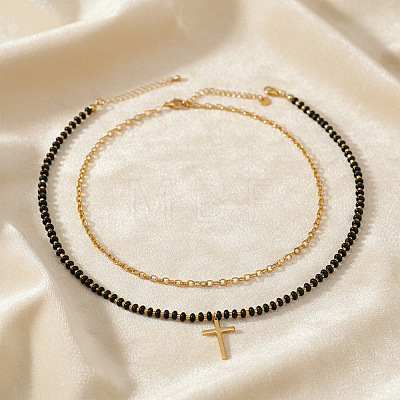 Stainless Steel Religion Cross Pendant Natural Gemstone Rondelle Beaded Double Layer Necklaces for Women PO2692-1-1