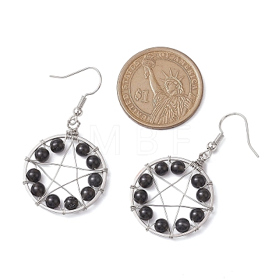 Natural Obsidian Flat Round with Star Pattern Dangle Earrings EJEW-JE06080-1