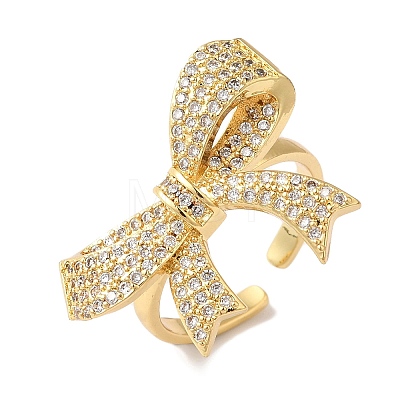 Bowknot Brass Micro Pave Clear Cubic Zirconia Open Cuff Rings for Women RJEW-C098-17G-1