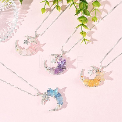 4Pcs 4 Colors Natural Aquamarine & Rose Quartz & Yellow Fluorite & Lavender Amethyst Wire Wrapped Moon with Acrylic Butterfly Pendant 304 Stainless Steel Ball Chain Necklaces NJEW-TA00266-1
