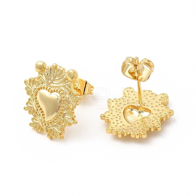 Brass Heart with Leaf Stud Earrings for Women EJEW-I283-01G-1