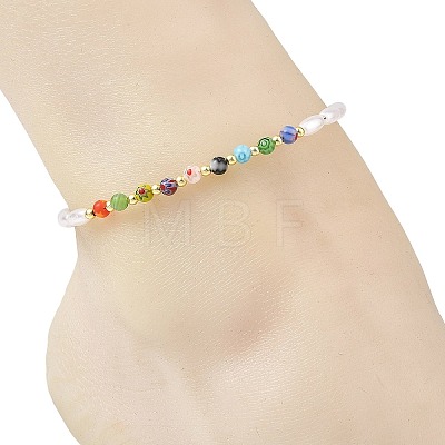 Round Handmade Millefiori Glass and Rice Imitation Pearl Acrylic Beaded Anklets for Women AJEW-AN00859-1