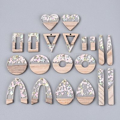 20Pcs 10 Styles Transparent Resin & Ash Wood Pendants RESI-N053-17-1