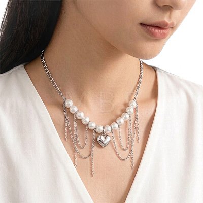 Imitation Pearl Round Beaded Alloy Heart Chain Tassel Bib Necklaces for Women WG3C231-01-1
