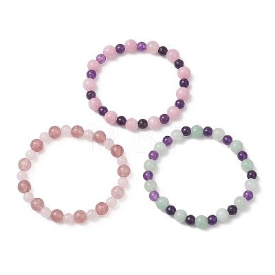3Pcs Natural Quartz & Rose Quartz Beads Stretch Bracelet for Women BJEW-JB13153-1