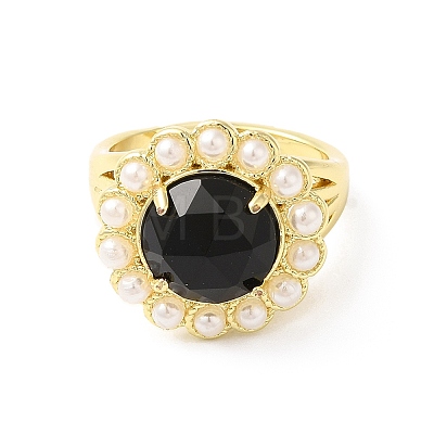 Natural Mixed Gemstone Flower Adjustable Ring with Plastic Pearl Beaded RJEW-E075-02G-1