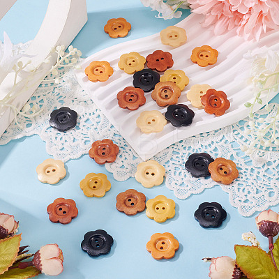 90Pcs 6 Colors 2-Hole Wood Flower Buttons BUTT-TA0001-40D-1