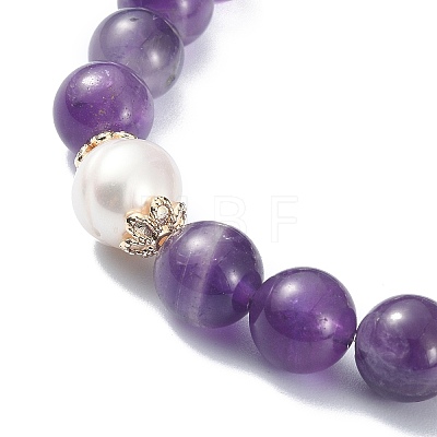 Natural Amethyst & Pearl Beaded Stretch Bracelet for Women BJEW-JB09384-03-1