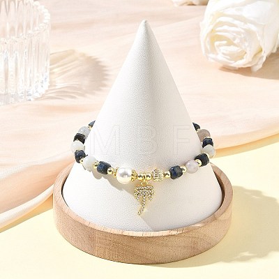 Brass Micro Pave Clear Cubic Zirconia Charm Natural Aquamarine Round and Faceted Cube Lapis Lazuli Beaded Stretch Bracelets for Women BJEW-JB14378-02-1