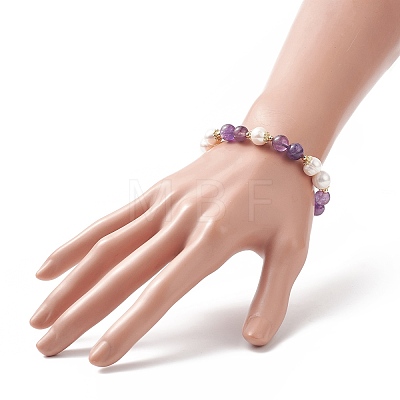 Natural Amethyst & Pearl Round Beaded Stretch Bracelet for Women BJEW-JB09246-01-1