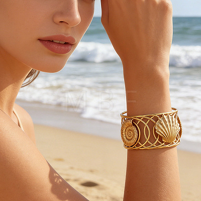 Ocean 304 Stainless Steel Hollow Starfish Shell Shape Open Cuff Bangles for Women WGCF8EC-01-1