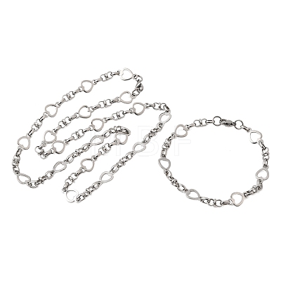 304 Stainless Steel Heart Link Chain Bracelet & Necklace Jewelry Sets SJEW-L199-08P-1
