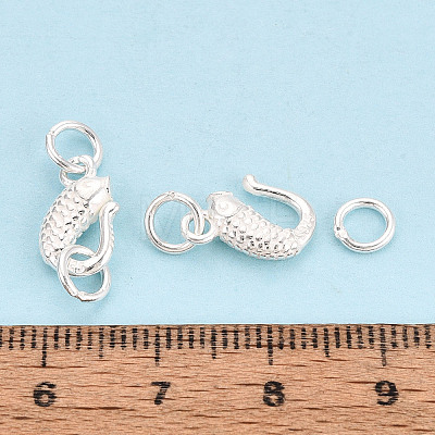 Textured Fish 925 Sterling Silver S-Hook Clasps with Jump Rings STER-T009-10S-1