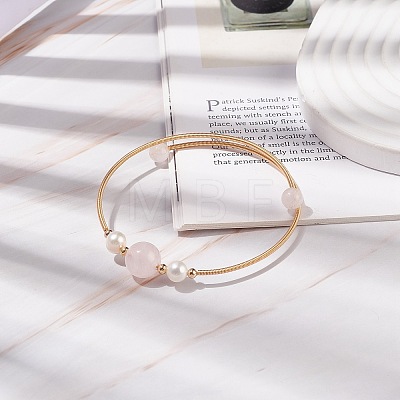 Natural Rose Quartz & Pearl Round Beaded Bangle X-BJEW-JB08464-02-1