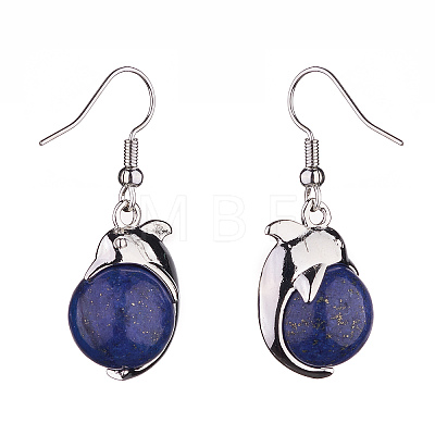 Natural Lapis Lazuli Dolphin Dangle Earrings with Crystal Rhinestone EJEW-A092-20P-10-1