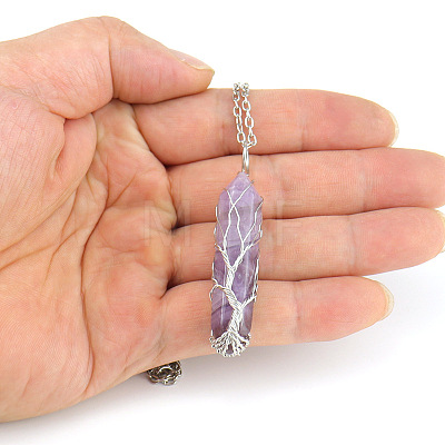 Natural Amethyst Double Terminal Pointed Faceted Bullet Copper Wire Wrapped Tree of Life Pendant Alloy Chain Necklaces FS-WG07FDC-01-1