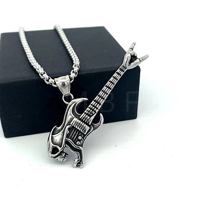 Punk Fashion 304 Stainless Steel Skull Guitar Pendant Necklaces for Unisex CY1349-1