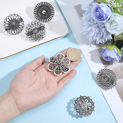 6Pcs 6 Styles Vintage Alloy Filigree Flower Anti-Slip Sweater Pins FIND-CY0002-28-1