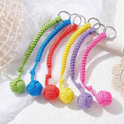 Polyester & Spandex Cord Ropes Braided Wood Ball Keychain KEYC-JKC00588-1