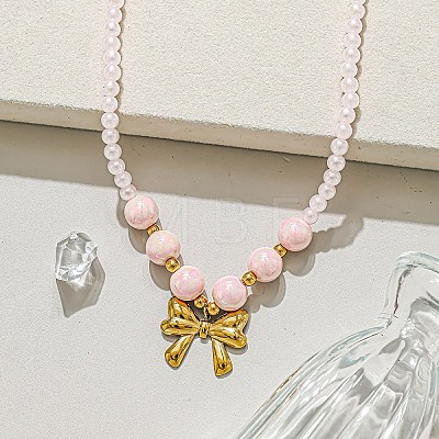 Summer Beach 304 Stainless Steel Pendant Plastic Round Beaded Necklaces for Women WGF027E-02-1