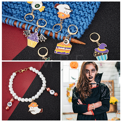 Halloween Theme Alloy Enamel Ghost/Dessert/Pumpkin House Charm Locking Stitch Markers HJEW-PH01754-1