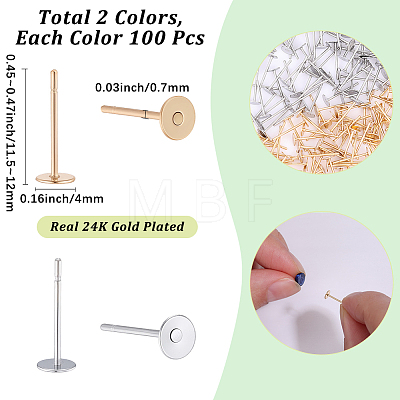 200Pcs 2 Colors 304 Stainless Steel Flat Round Blank Peg Stud Earring Findings STAS-SC0021-52-1