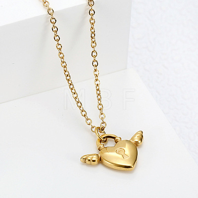 304 Stainless Steel Heart Lock with Angel Wings Pendant Necklaces for Women WG91D89-01-1
